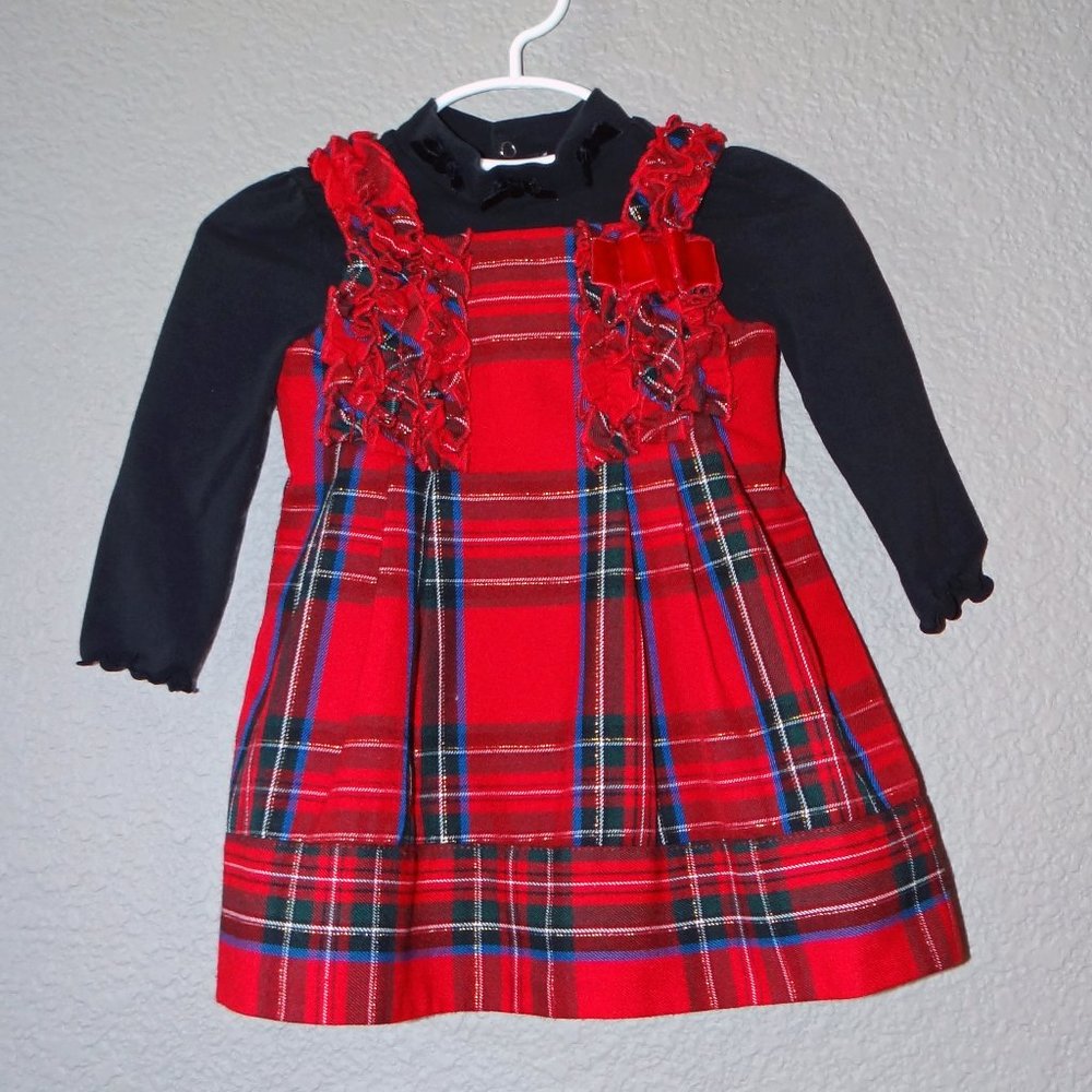 Red Plaid Holiday / Christmas Dress & Black Onesie w/ Diaper Cover Sz 12 months